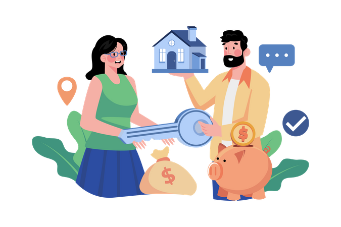 House owner gives the key to the tenant  Illustration