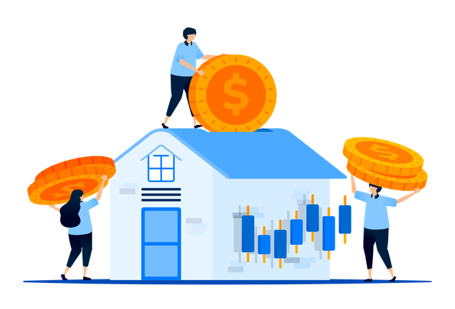 House price fluctuations and secondary markets with houses and candlesticks representing mortgage  Illustration