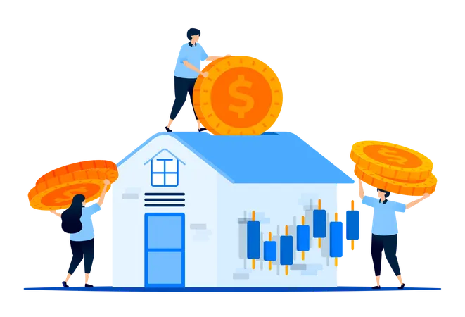 House price fluctuations and secondary markets with houses and candlesticks representing mortgage  Illustration