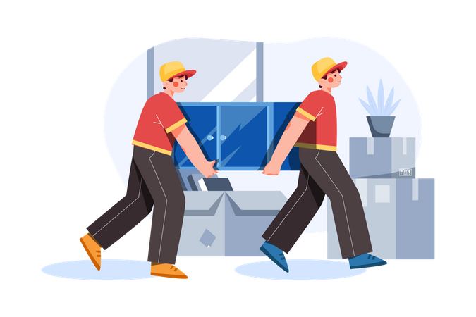 House relocation workers picking up cupboard Illustration