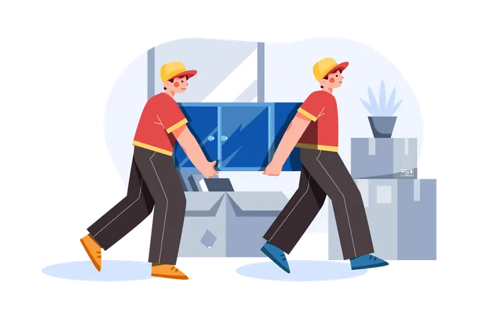 House relocation workers picking up cupboard  Illustration