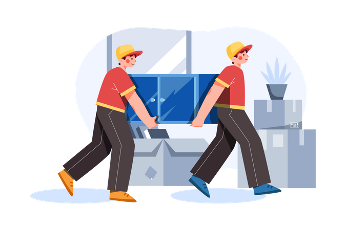 House relocation workers picking up cupboard  Illustration