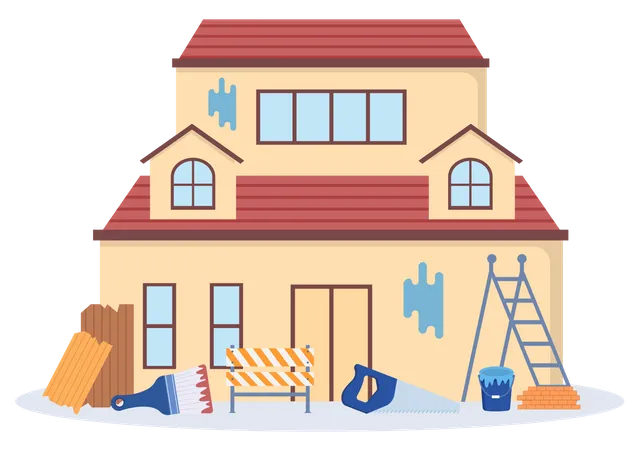 Home Renovation Or Repair With Construction Tools Laying Floor Tiles And Painting Wall To Good Decoration Condition In Flat Background Illustration 일러스트레이션