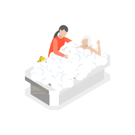 House servant helping elderly people to bath  Illustration