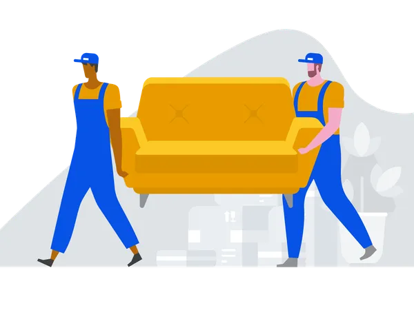 Two Workers Are Carrying A Sofa Moving Boxes In New House Vector Flat Style Illustration Illustration
