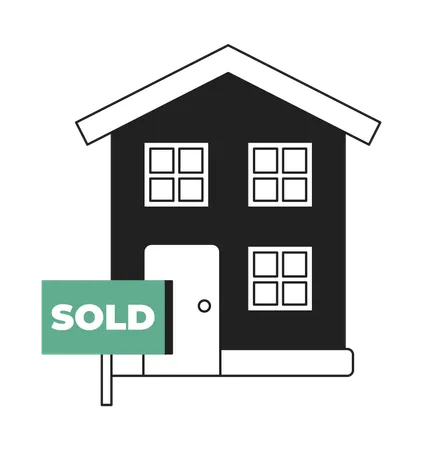 House Sold Real Estate Sign Black And White 2 D Illustration Concept New Home Bought Purchased Property Isolated Cartoon Outline Object Residential Building Auction Metaphor Monochrome Vector Art Illustration