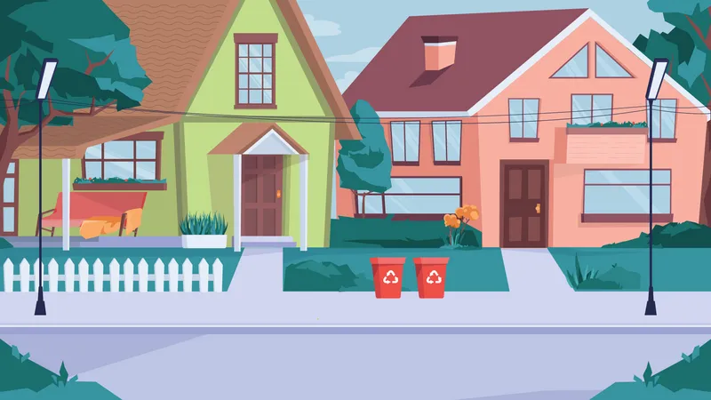 Suburb Street View Concept In Flat Cartoon Design Private Houses With Path Green Lawns Trees Sidewalk And Road Village Landscape With Real Estate Vector Illustration Horizontal Background Illustration