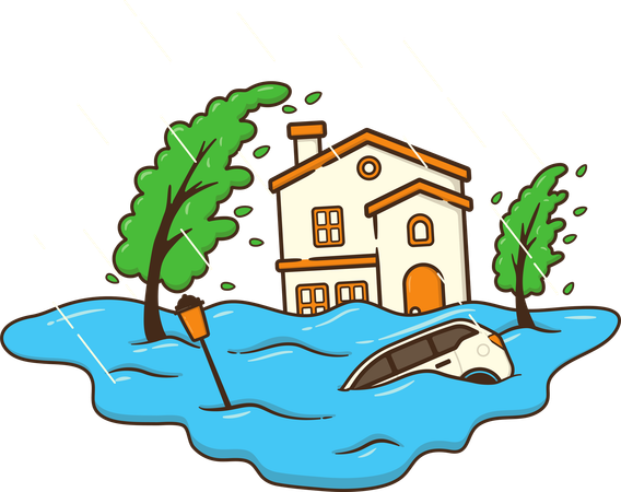 House submerged into tsunami waves  Illustration