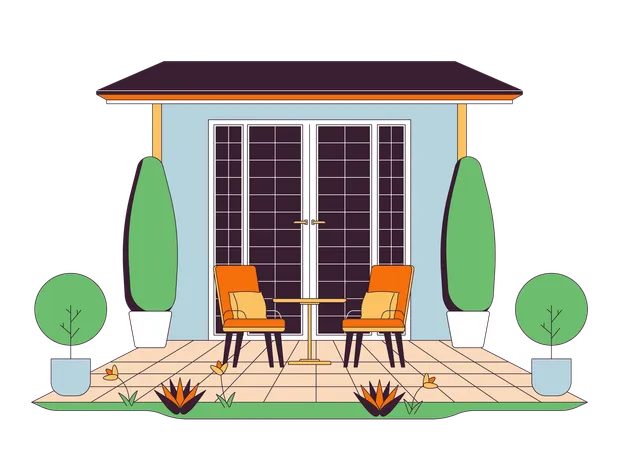 House Terrace Furniture 2 D Linear Cartoon Object Suburbs Peaceful Chairs Housing Estate Living Building Isolated Line Vector Element White Background Property Exterior Color Flat Spot Illustration Illustration