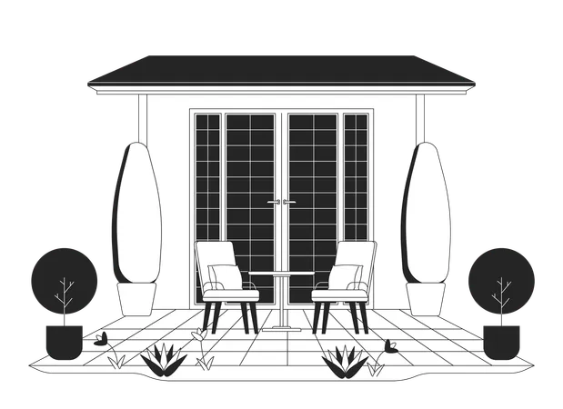 House Terrace Furniture Black And White 2 D Line Cartoon Object Suburbs Peaceful Chairs Housing Estate Building Isolated Vector Outline Item Property Exterior Monochromatic Flat Spot Illustration Illustration