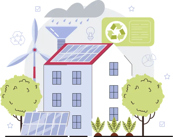 House uses renewable energy in electricity  Illustration