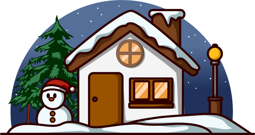 House with a snowman and a fir tree on Christmas eve  Illustration