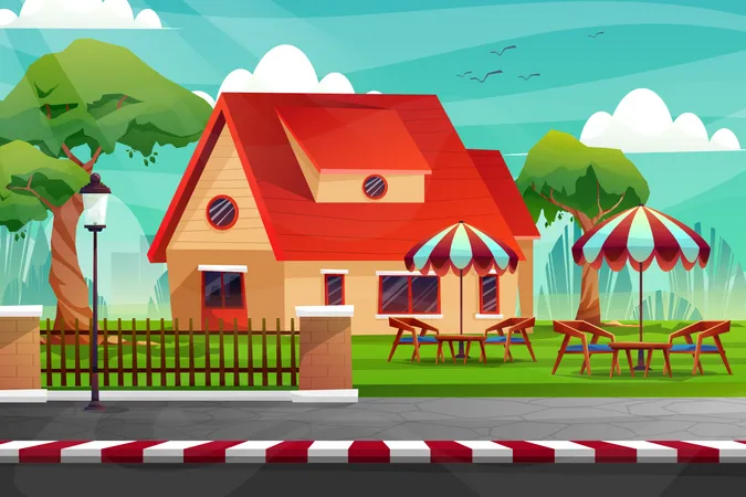 House with chair and table on lawn Illustration