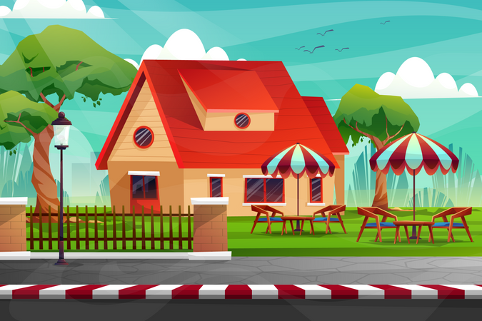 House with chair and table on lawn  Illustration