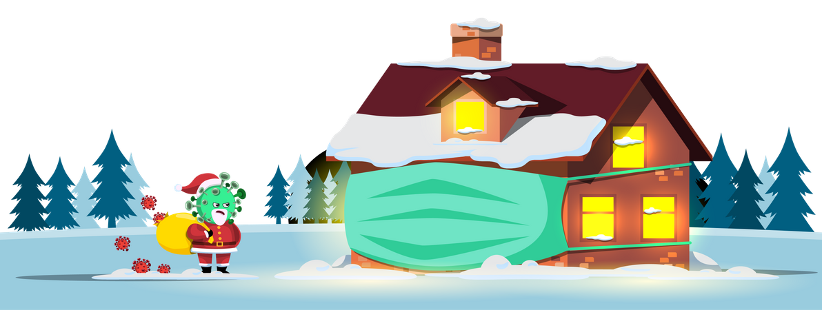 House with face mask and Santa virus  Illustration