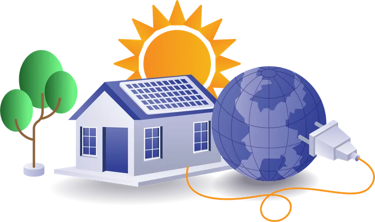 House With Solar Panel Electrical Energy Illustration