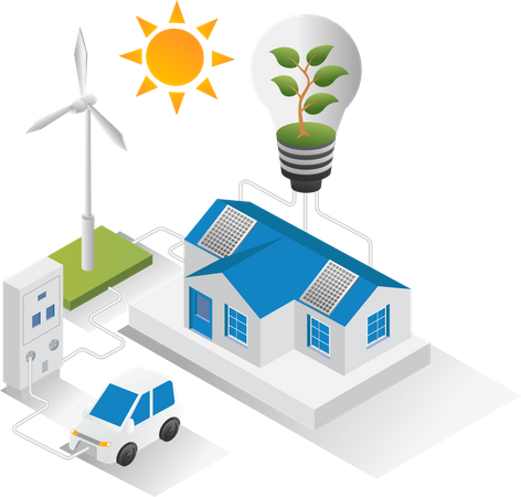 House with solar panels for electric car  Illustration