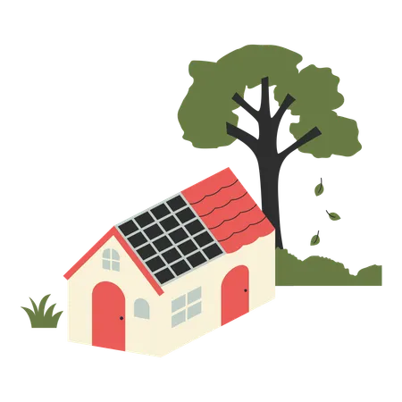 House with solar panels on the roof and tree  일러스트레이션