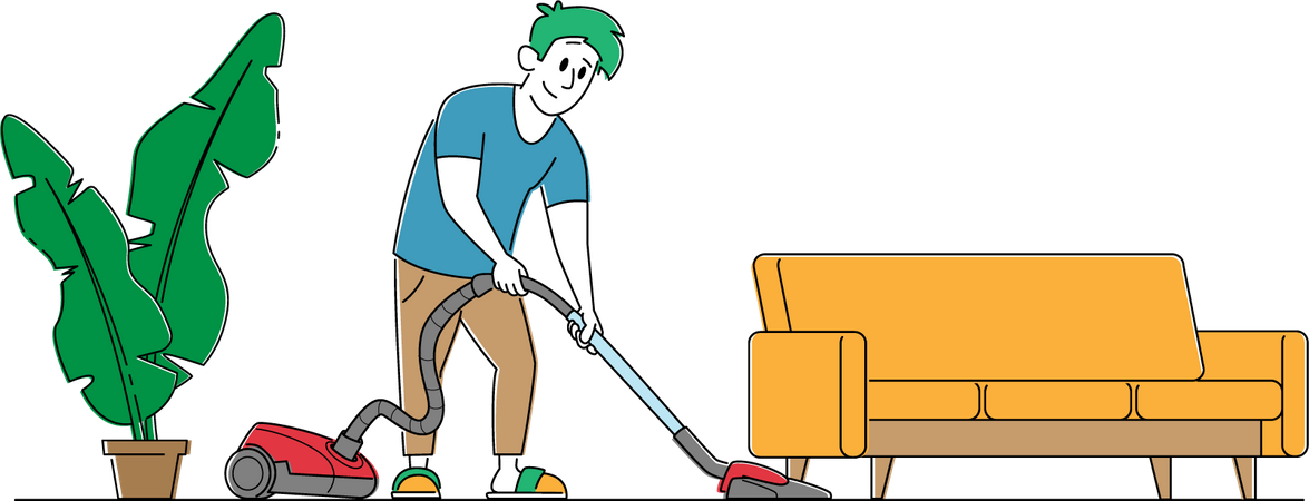 Householder Vacuuming Home with Vacuum Cleaner in Living Room Illustration