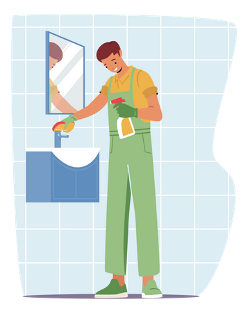 Housekeeper cleaning bathroom  일러스트레이션