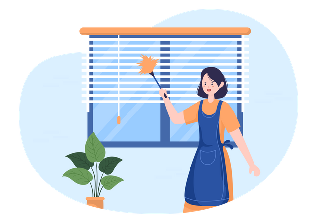 Housekeeper cleaning curtains  Illustration