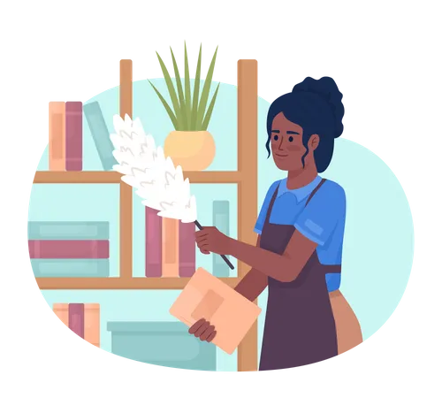 Housekeeper cleaning dust off wood shelves Illustration