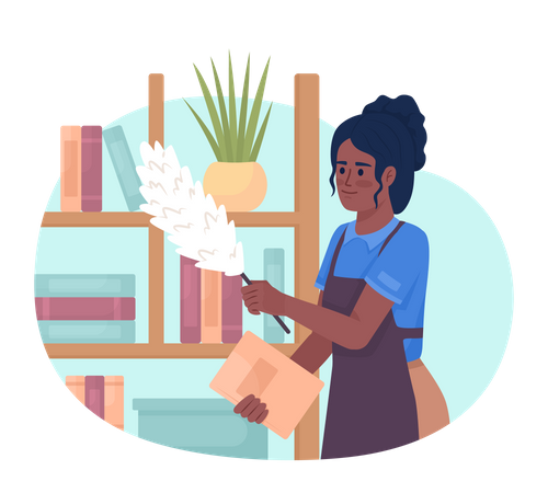 Housekeeper cleaning dust off wood shelves  Illustration