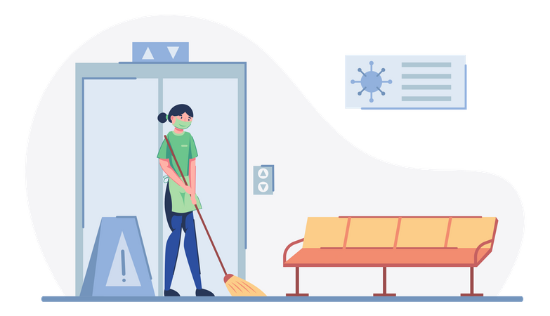 Housekeeper cleaning floor during corona Illustration