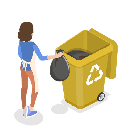Housekeeper dumping the house waste in dustbin  Illustration