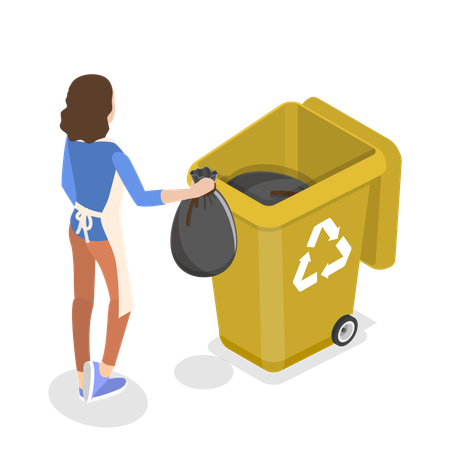 Housekeeper dumping the house waste in dustbin  イラスト