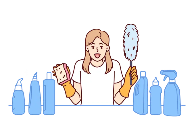 Cheerful Woman Housekeeper Screams And Holds Cleaning Brush In Hands Standing Near Table With Detergents Girl Housekeeper Rejoices In Good Chemicals For Cleaning In Apartment Or House Illustration