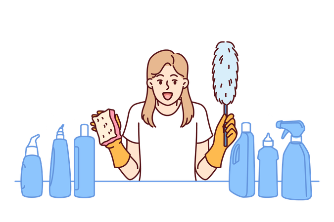 Housekeeper holds cleaning brush  Illustration