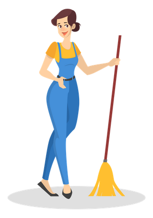 Housekeeper in uniform cleaning the floor using broom  Illustration