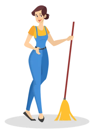 Housekeeper in uniform cleaning the floor using broom  Illustration