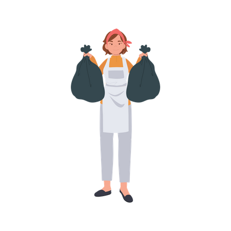 Housekeeper is holding trash bags in both hands Illustration