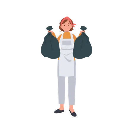 Housekeeper is holding trash bags in both hands  Illustration