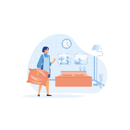 Housekeeper making bed in room  Illustration