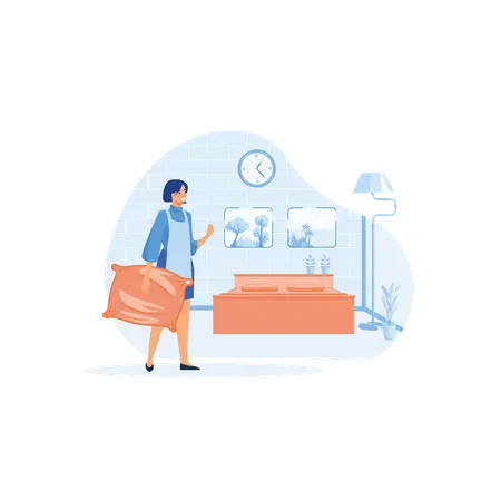Housekeeper making bed in room  Illustration