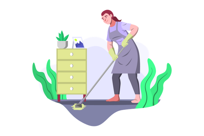 Housekeeper mopping floor using mop Illustration