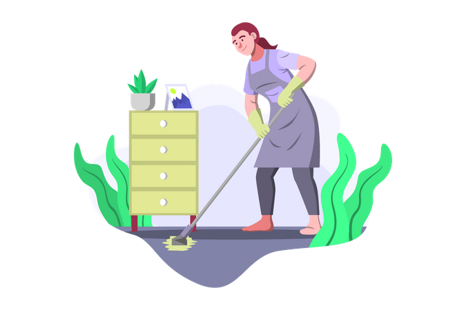 Housekeeper mopping floor using mop  Illustration