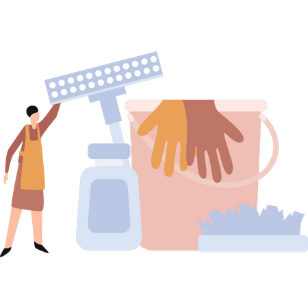 Housekeeper stands with cleaning products  Illustration