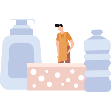 Housekeeper stands with cleaning supplies  Illustration