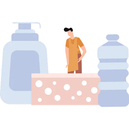 Housekeeper Stands With Cleaning Supplies Illustration