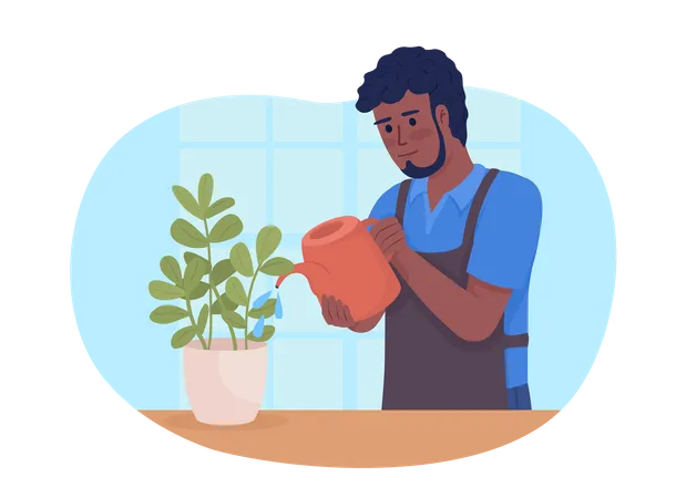 Housekeeper taking care of houseplants Illustration