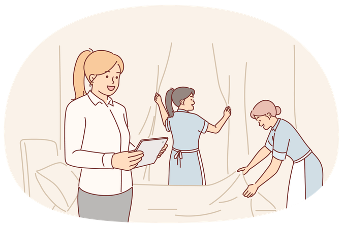 Housekeeping manager supervises work of maids cleaning hotel room before checking in guest  Illustration