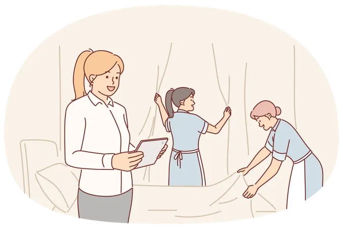 Housekeeping manager supervises work of maids cleaning hotel room before checking in guest  Illustration