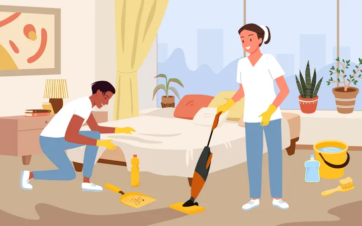 Housekeeping service inside hotel room  Illustration