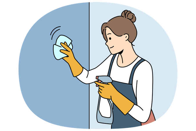 Housekeeping woman cleaning apartment, wiping wall or glass using antibacterial spray  Illustration