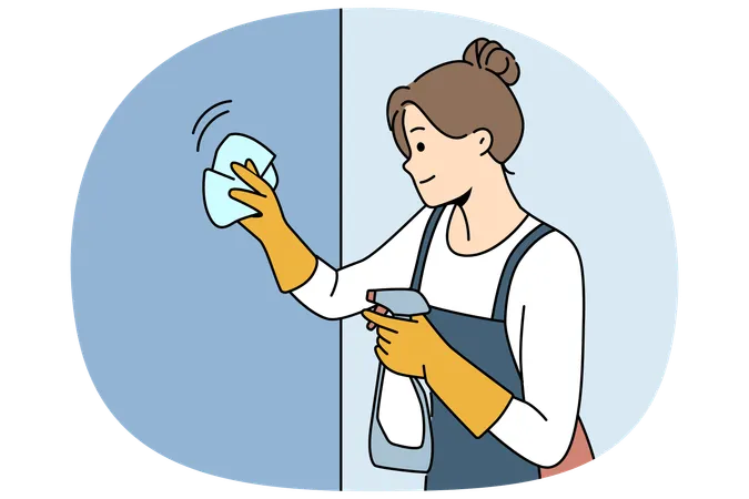 Housekeeping woman cleaning apartment, wiping wall or glass using antibacterial spray  Illustration