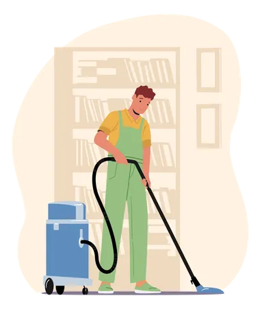 Housekeeping worker vacuuming the floor Illustration